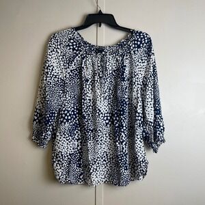 Talbots Plus Petite 1XP Navy White Floral Rayon Peasant Blouse Top 3/4 Sleeve